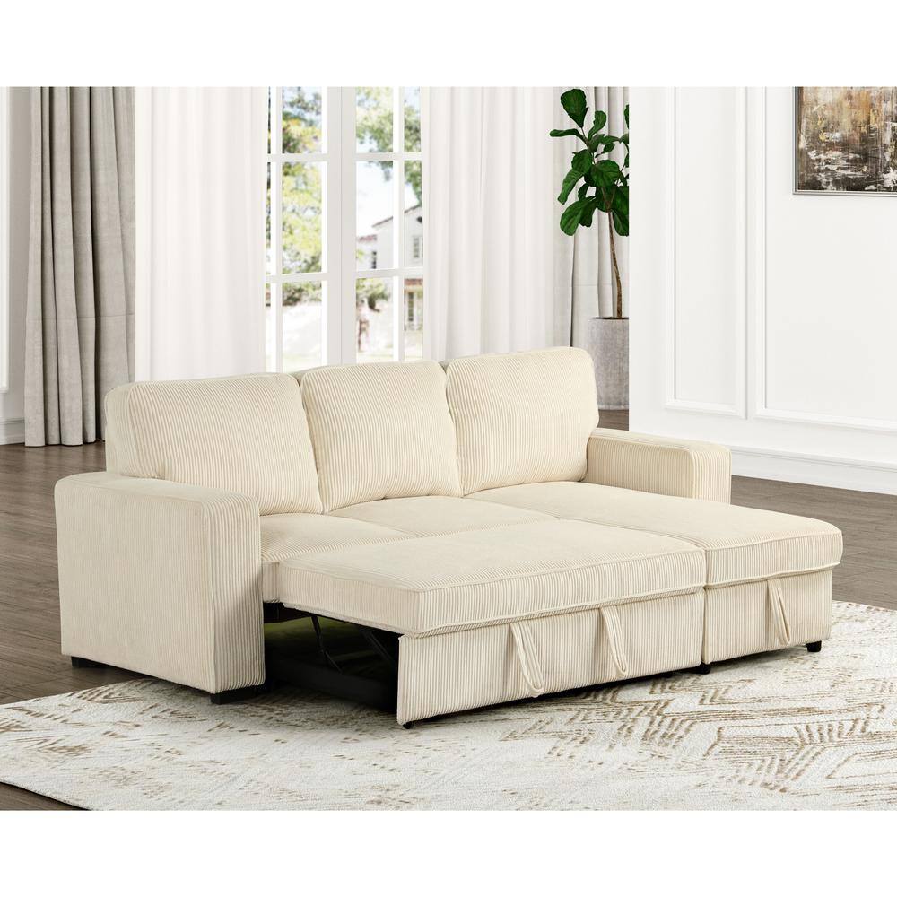 Beige Corduroy Sectional Sofa with Storage and Ottoman
