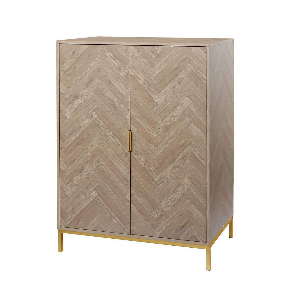 Natural Oak Herringbone Pattern 2-Door Accent Cabinet with Gold Base
