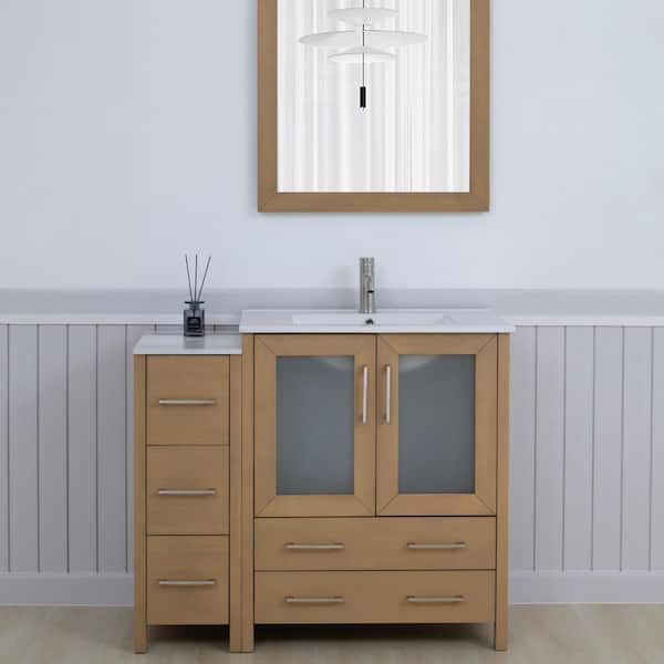 Vanity Art 42 in. W x 18 in. D x 36 in. H Natural Oak Bath Vanity with White Ceramic Top and Mirror