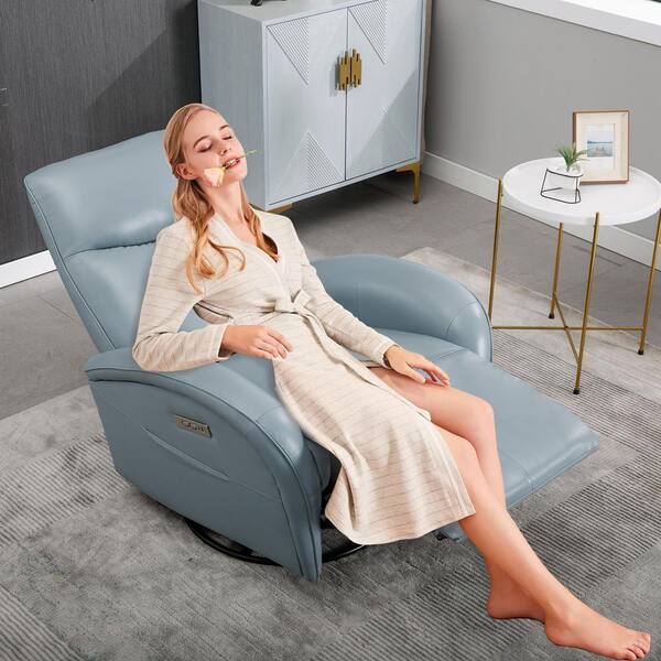 36.23 in. Blue Leather Swivel Recliner with Power Lumbar Support, 270° Swivel, with USB and Type-C Ports