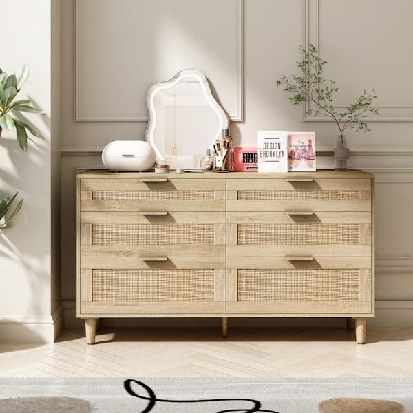 Tahanbath Natural Rattan 6-Drawer Dresser-Versatile Storage for