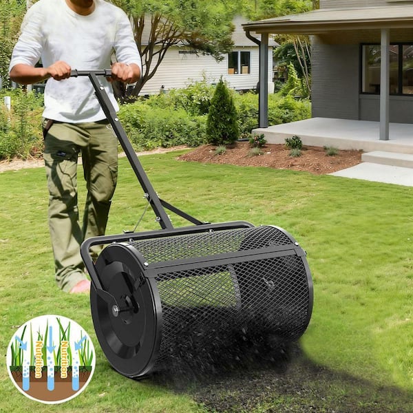 24 in. Black Compost Handheld Spreader Peat Moss Spreader, Lawn Garden Spreader Roller for Manure with 3-Heights