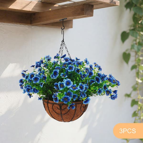 Blue 13.7 in. Indoor/Outdoor Artificial Morning Glory in Brown Pot Artificial Hanging Flowers Plants (Set of 3)