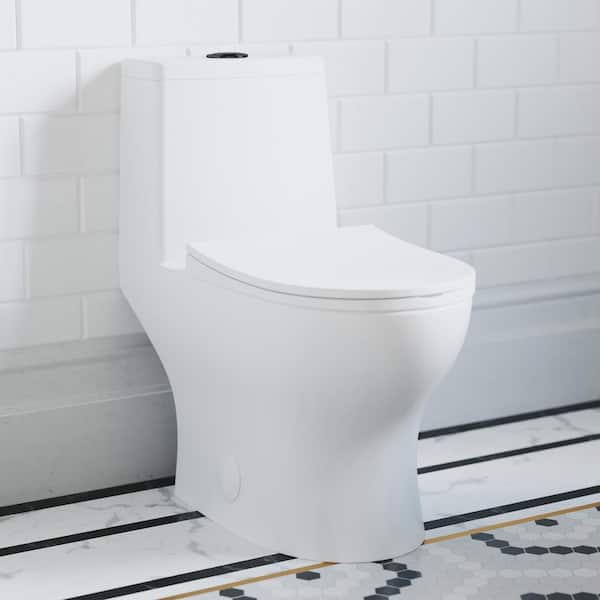 Swiss Madison Ivy 1-piece 1.1/1.6 GPF Dual Vortex Flush Elongated Toilet in Glossy White with Black Hardware Seat Included