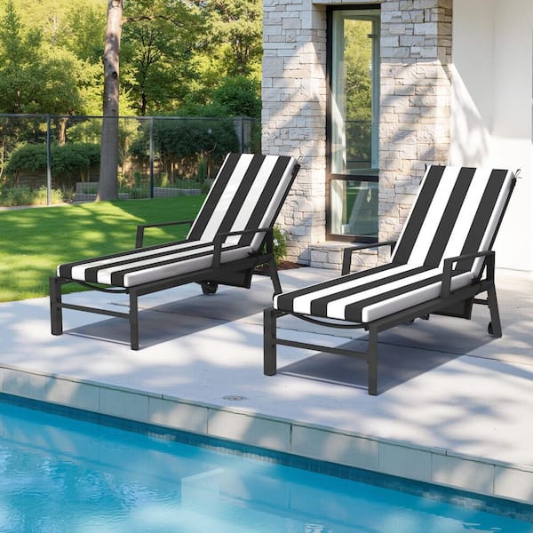 CLOUDFLY 72 in. x 21 in. Fade Resistant Patio Cushion for Outdoor Chaise Lounge in Black and White Striped (Set of 2)