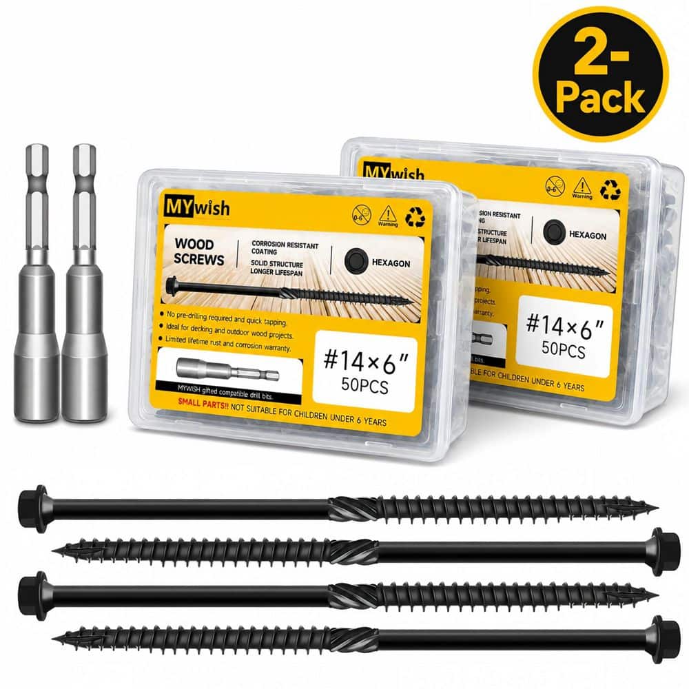 EASTPUK #14 x 4 Inch Wood Screws, 100-Pack Hex Head Lag Screw, Black Coating Carbon Steel Deck Screws for Timber, Log, and Landscape Wood Applications