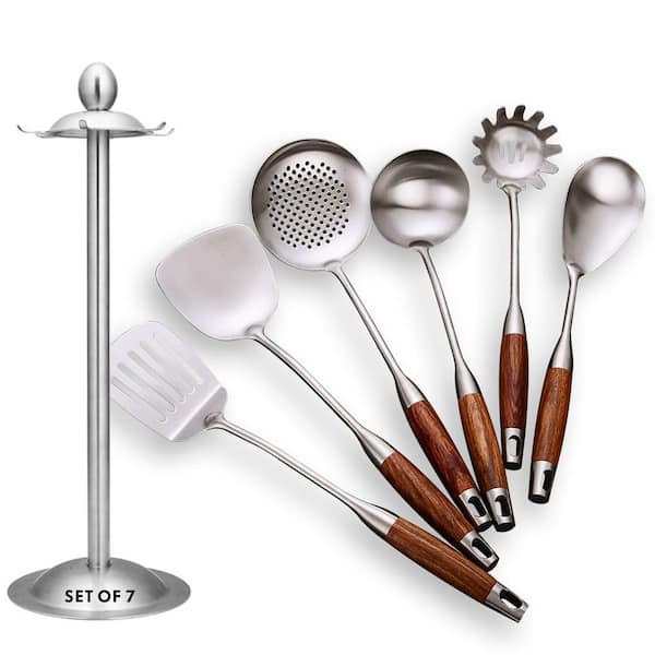 Stainless Steel Silver Finish Cooking Utensils Set Heat Resistant Wooden Handle Kitchen Tools with Holder 7pcs