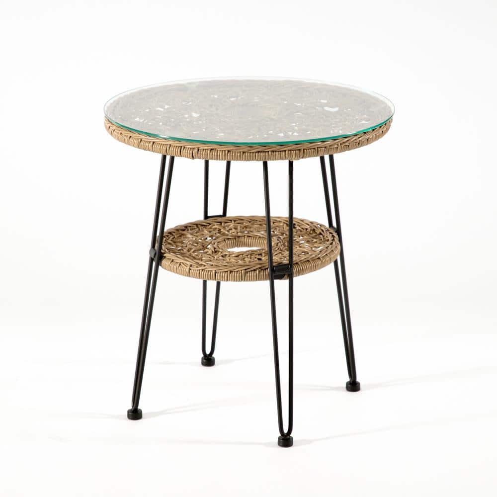 Tiny Natural Rattan and Glass Round Outdoor Side Table