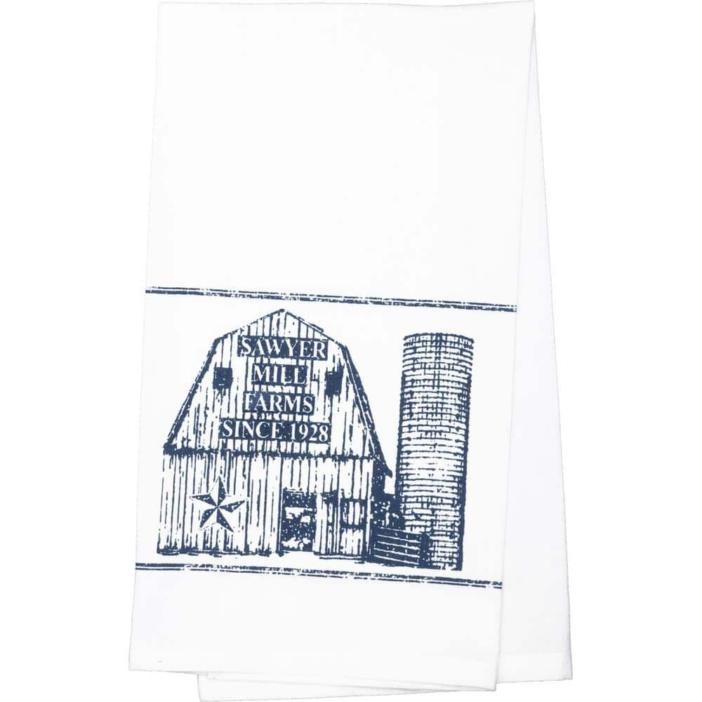 VHC Brands Sawyer Mill Blue Print Barn Cotton Muslin Bleached White Kitchen Tea Towel