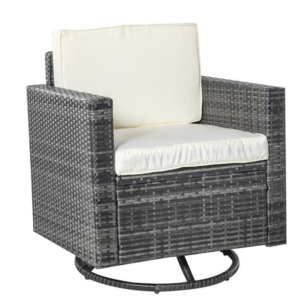 FORCLOVER Mixed Gray Wicker Outdoor Rocking Chair Patio Swivel Lounge Chair with Beige Cushions