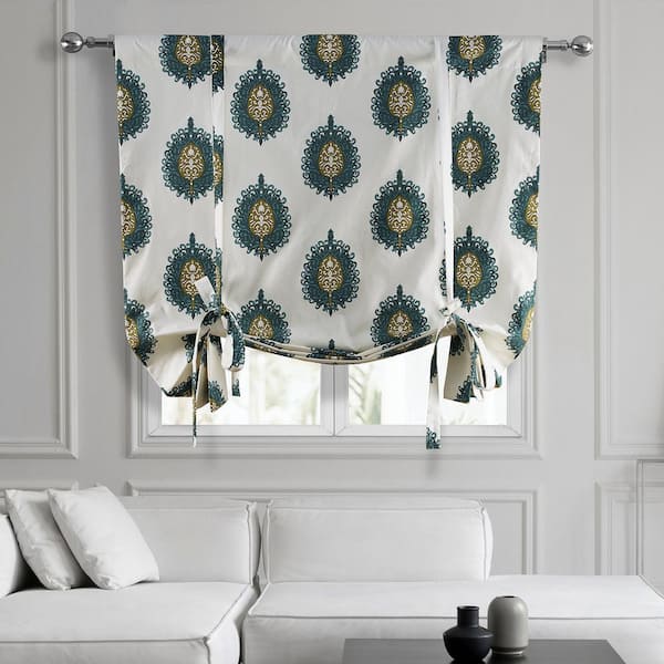 Mayan Teal Blue Printed Cotton Rod Pocket Room Darkening Tie-Up Window Shade - 46 in. W x 63 in. L (1 Panel)