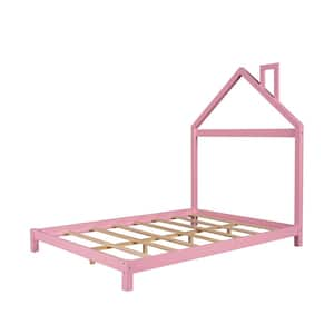 Pink House-Shaped Headboard Full-Size Platform Bed, Solid Wood Frame with Slat Support, No Box Spring Needed