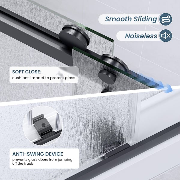 56 in.- 60 in. W x 74 in. H Double Sliding Frameless Shower Door in Matte Black with Rain Glass
