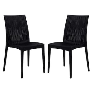 Black Mace Modern Stackable Plastic Weave Design Indoor Outdoor Dining Chair (Set of 2)