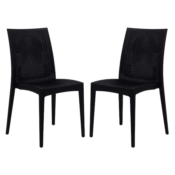 Leisuremod Black Mace Modern Stackable Plastic Weave Design Indoor Outdoor Dining Chair (Set of 2)