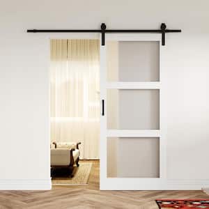 36in x 84in White, Finished, MDF,Frosted Glass, 3 Glass Panel Barn Door Slab with All Hardware & Water-Proof PVC Surface