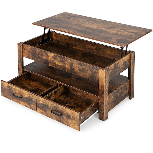 Costway 42 in. Wide Rustic Brown Lift Top Coffee Table with 2-Storage Drawers andHidden Compartment for Living Room