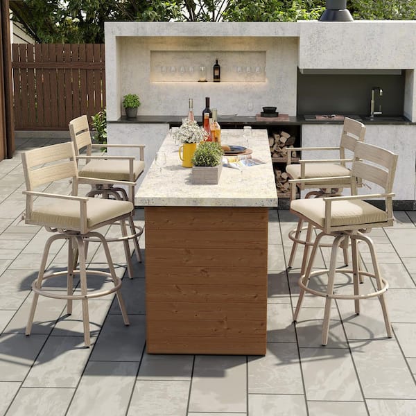 Aluminum Outdoor Bar Stool Wood Patterned Frame with Sunbrella Beige Cushion (4-Pack)