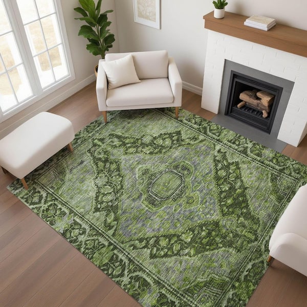 Mayfield Premium Machine Washable Abstract AMF1761 Olive 3 ft. x 4 ft. Area Rug