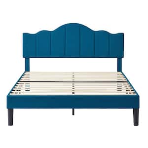 Platform Bed Frame, Blue Metal Frame Full Size Platform Bed with Headboard Fabric Upholstered Wood Slat Support