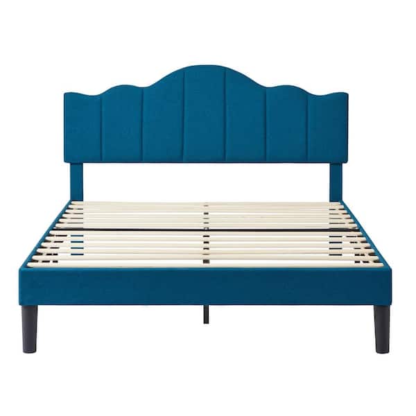 VECELO Platform Bed Frame, Blue Metal Frame Full Size Platform Bed with Headboard Fabric Upholstered Wood Slat Support