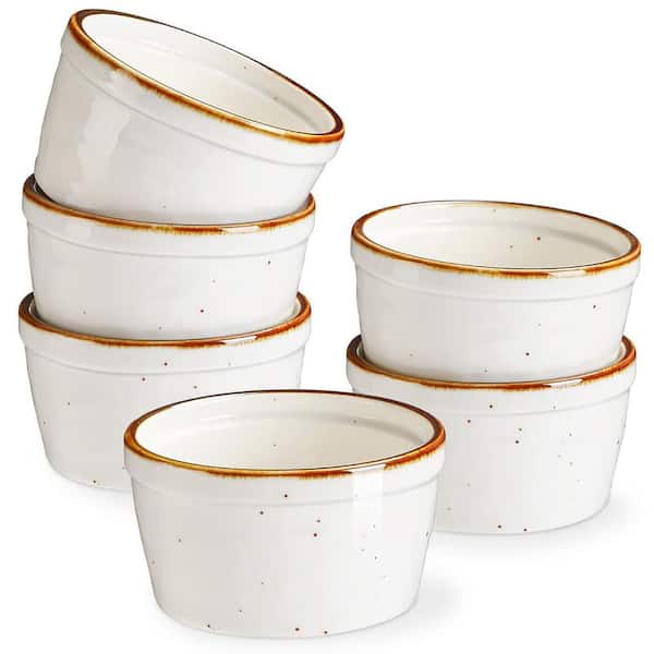 6-Piece Round Ceramic Ramekin Set with Brown Rim and Speckled Glaze Oven Safe for Custard Souffle Desserts