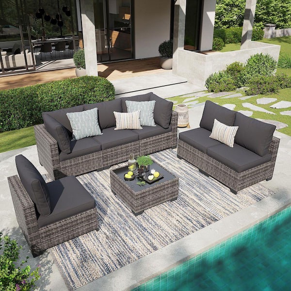 Grey 7-Piece Wicker Outdoor Dining Set With Grey Cushions and 1-Table