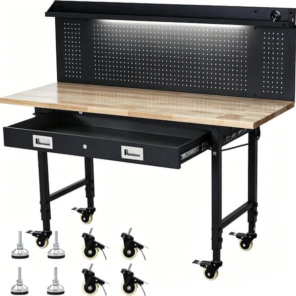 60" x 22" Adjustable Worktable, 2000 LBS Capacity, Tool Storage Workstation with Drawer, Pegboard & Power Outlets