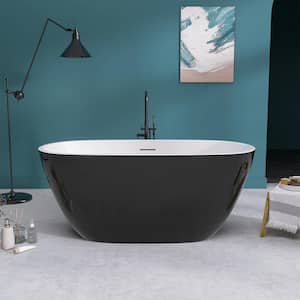 55 in. x 29.5 in. Acrylic Free Standing Soaking Tubs Flatbottom Oval Freestanding Bathtub with Drain in Glossy Black