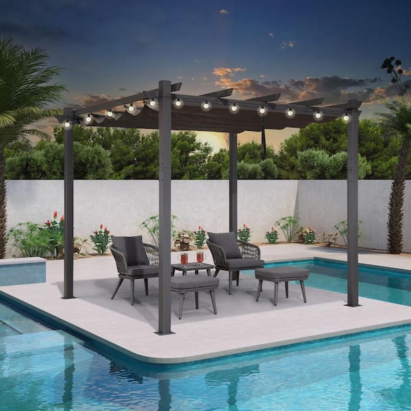 PURPLE LEAF 10 ft. x 10 ft. Gray Aluminum Frame Morden Pergola with Gray Retractable Sun Shade Canopy and String Lights for Garden