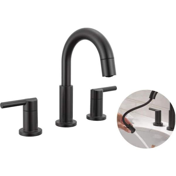 Nicoli Pull-Down Spout 8 in. Widespread Double Handle Bathroom Faucet Drain Included in Matte Black