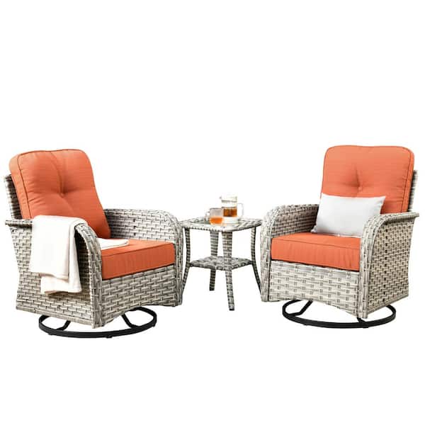 Charlotte 3-Piece Wicker Outdoor Rocking Chair with Orange Red Cushions