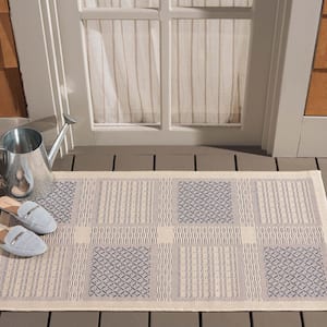 Courtyard Natural/Blue Doormat 2 ft. x 4 ft. Border Indoor/Outdoor Patio Area Rug
