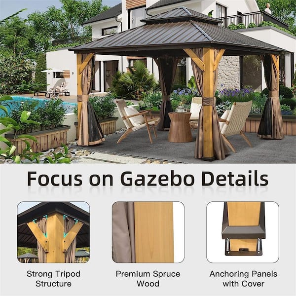 12 ft. x 12 ft. Outdoor Cedar Wood Frame Hardtop Gazebo with Galvanized Steel Double Roof, Curtains and Netting