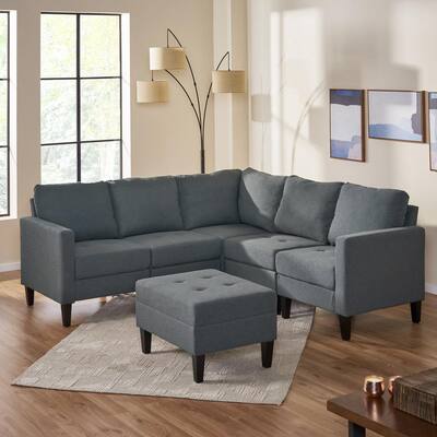 6-Piece Oxford Gray Polyester 4-Seater L-Shaped Sectional Sofa with Ottoman