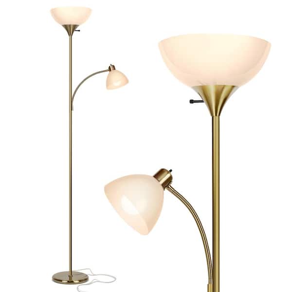 Brightech Sky Dome Plus 72 in. Antique Brass Industrial 2-Light 3-Way Dimming LED Floor Lamp with 2 White Plastic Bowl Shades