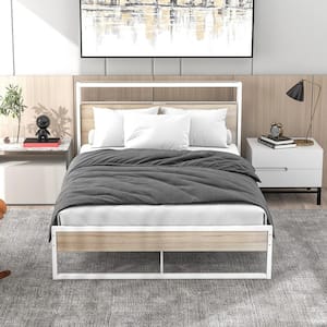 55 in.W White Full Size Metal Platform Bed Frame with Sockets and USB ports, Bed Frame Full with Headboard and Footboard