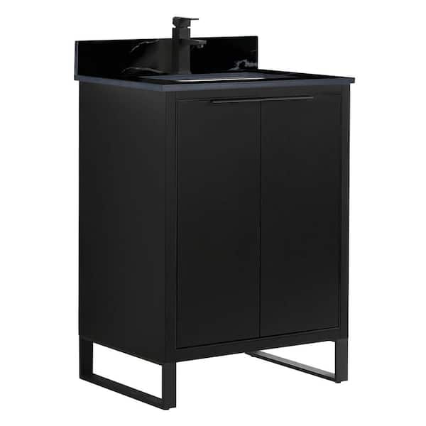 FINE FIXTURES Opulence 24 in. W x 18 in. D x 33.5 in H. Bath Vanity in Black Matte with Black Marble Single Sink Stone Top