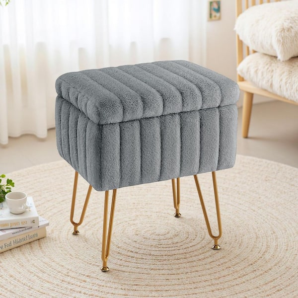 WONDER COMFORT Grey Faux Fur Soft Padded Rectangular Accent Small Ottoman Vanity Stool Chair with Storage and 4 Metal Legs