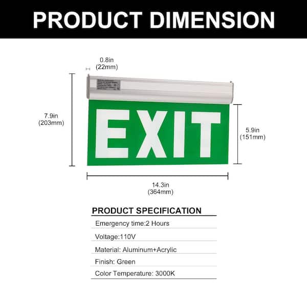 YANSUN Modern 3W Green LED Edge Lit Exit Sign, Clear Acrylic and