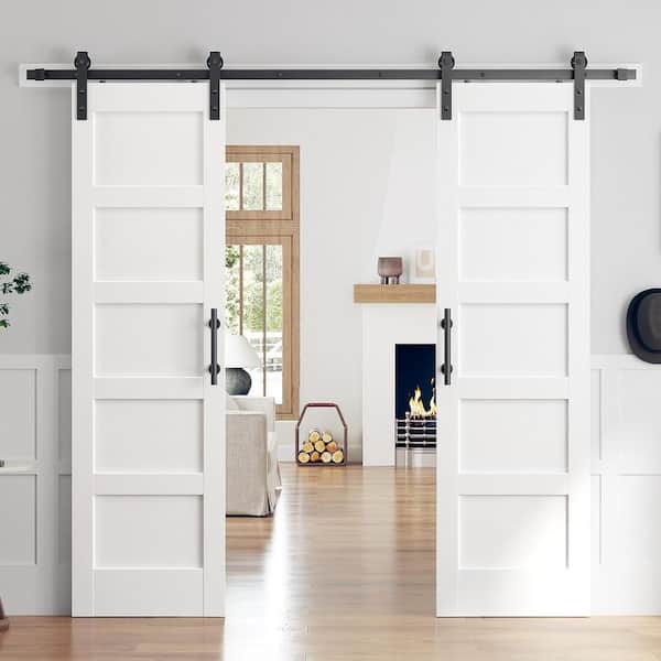 48 in. x 84 in. (Double 24 in. Doors) 5-Panel Solid MDF White Finished Interior Sliding Barn Door with Hardware Kit