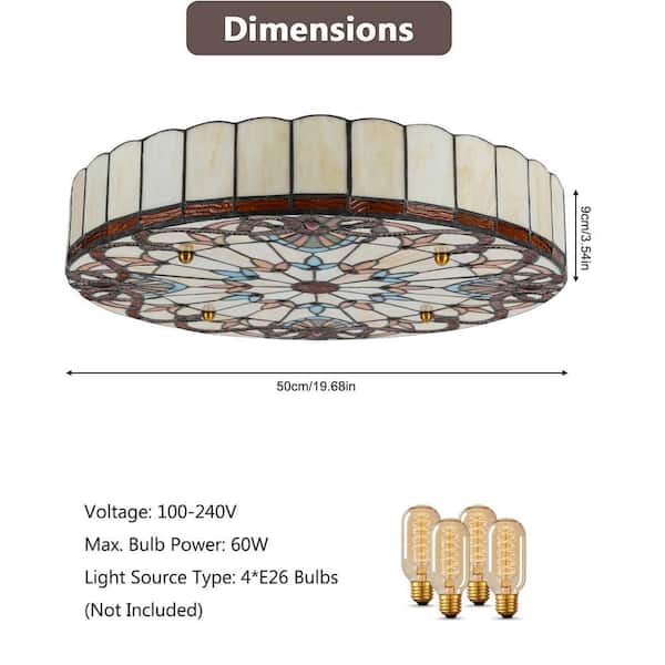 OUKANING 19.68 in. 4-Light Colorful Mosaic Vintage Tiffany Flush