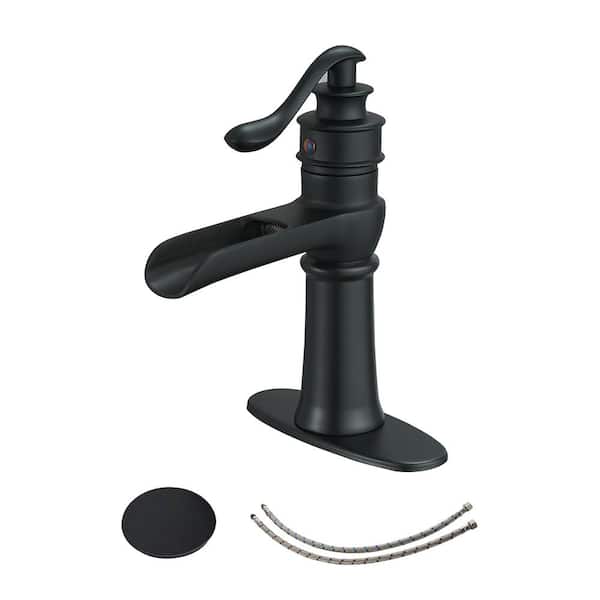 KINWELL Single Handle Single Hole Waterfall Bathroom Faucet with Deckplate Included and Drain Kit Included in Matte Black