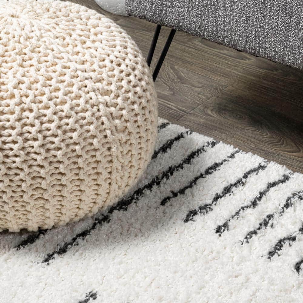 8' x 10' White and Black Stripe Shag Area Rug
