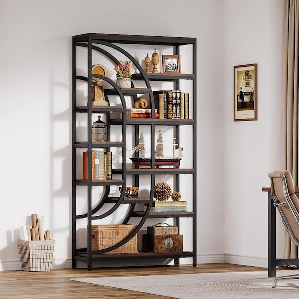 BYBLIGHT Eulas 70.86 in. Tall Brown and Black Wood 11-Shelf Bookcase with Anti-Tipping Device