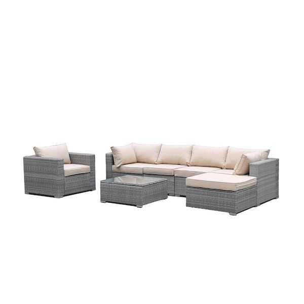 GOSHADOW Grey 7-Piece Wicker Patio Conversation Sectional Seating Set with Beige Cushions