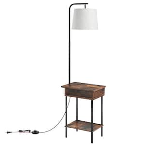 62 in. Rough Black 1-Light Tray Table Column Floor Lamp for Living Room with Fabric Beige Drum Shade