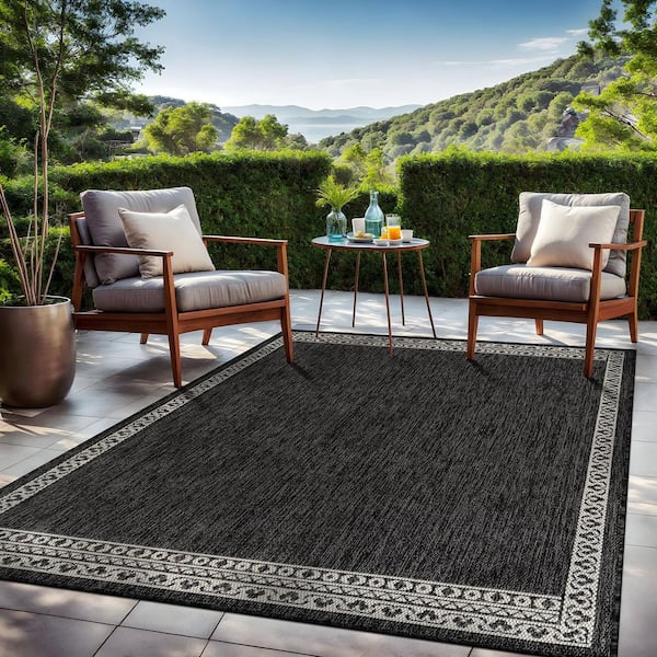 Frame Dark Gray 9 ft. x 12 ft. Geometric Bordered Washable Indoor Outdoor Area Rug