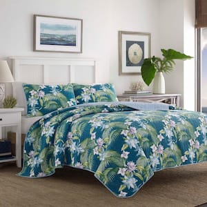 Southern Breeze 3-Piece Indigo Blue Floral Cotton Full/Queen Quilt Set