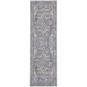 Gray 2 ft. x 10 ft. Floral Power Loom Distressed Washable Runner Rug